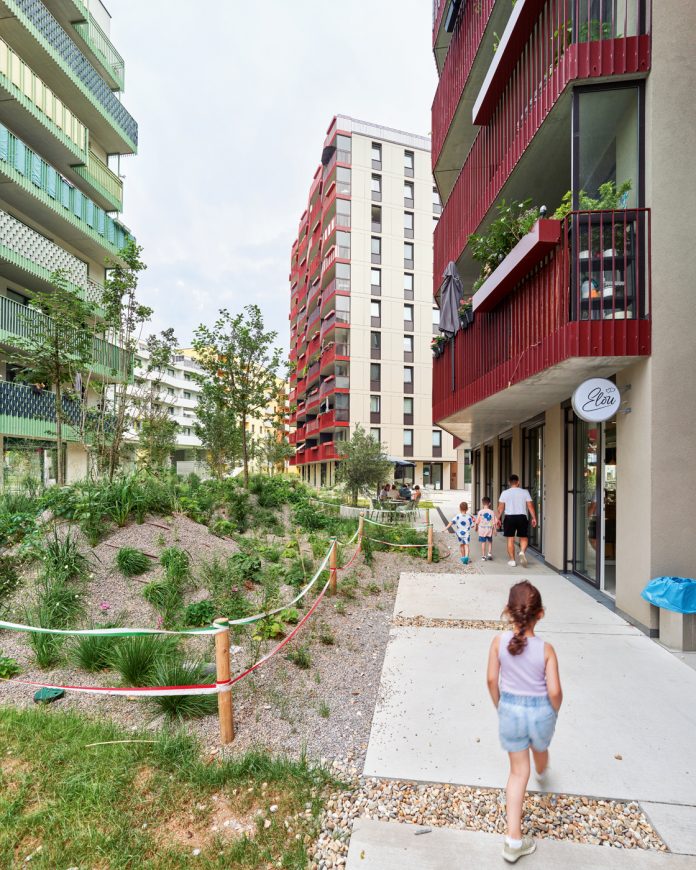 Quartier Kuku23 in Wien-Atzgersdorf von Heimbau und Ah!, geplant von Dietrich Untertrifaller und Schenker Salvi Weber