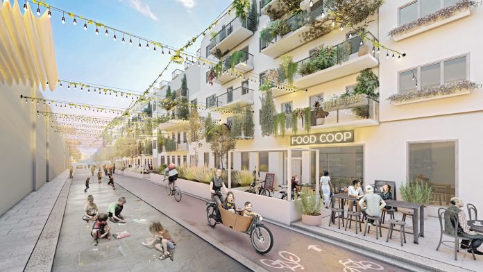 Städtisches Leben im urbanen Block: Zukunftsszenario des Straßenraums mit geteilten Erdgeschoßnutzungen. Rendering: Renderei.at/Studio Mannerhatten. Foto: tatwort