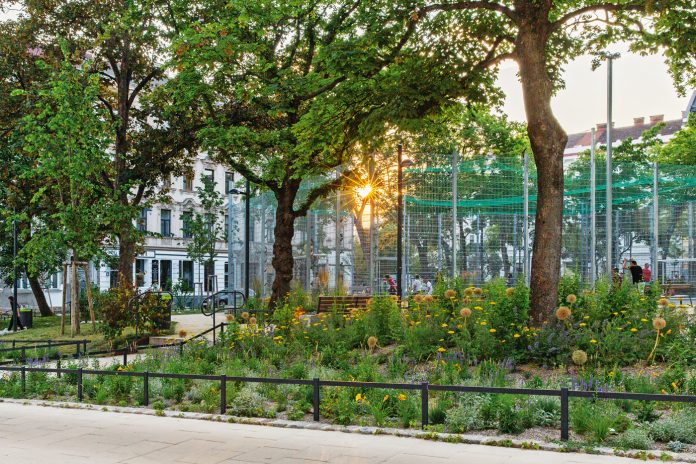 Wieningerplatz: Die Neugestaltung des Wieningerplatzes von Yewo Landscapes zeigt, wie eine vernachlässigte Fläche zu einer klimaresilienten Parkanlage transformiert werden kann. Auf 4.600 Quadratmeter entstand im Westbahnhofviertel ein inklusiver Freiraum mit erhaltenen Altbäumen, neuen Grünzonen und innovativen Wassermanagementsystemen. Das Angebot umfasst Outdoor- Fitnessgeräte, einen Calisthenics-Bereich, einen renovierten Ballspielplatz sowie Tischtennistische und Hängematten für alle Altersgruppen. Artenvielfalt fördern gezielt gepflanzte Hibiskussträucher und Kornelkirschen, die Vögeln und Insekten urbanen Lebensraum bieten.