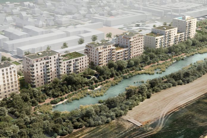 Quartier Berresgasse 7, Wien-Donaustadt: Die Wohnhausanlage von Wien-Süd ist Teil eines großmaßstäblichen Stadtentwicklungsgebiets mit quartiersübergreifend gedachten Gemeinschaftsräumen. Visualisierung: Schreinerkastler/Wien-Süd