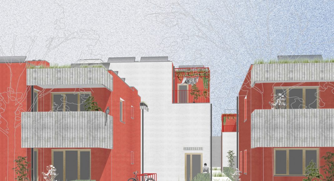 Vorzeigeprojekt Brockhausengasse, geplant von Studio EderKrenn, Bauträger Gesiba – ein nahezu CO₂-freier Wohnbau, Kelag Energie & Wärme übernimmt die Energieversorgung. Foto: Kelag Energie & Wärme. Visualisierung: Gesiba