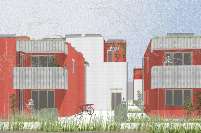 Vorzeigeprojekt Brockhausengasse, geplant von Studio EderKrenn, Bauträger Gesiba – ein nahezu CO₂-freier Wohnbau, Kelag Energie & Wärme übernimmt die Energieversorgung. Foto: Kelag Energie & Wärme. Visualisierung: Gesiba